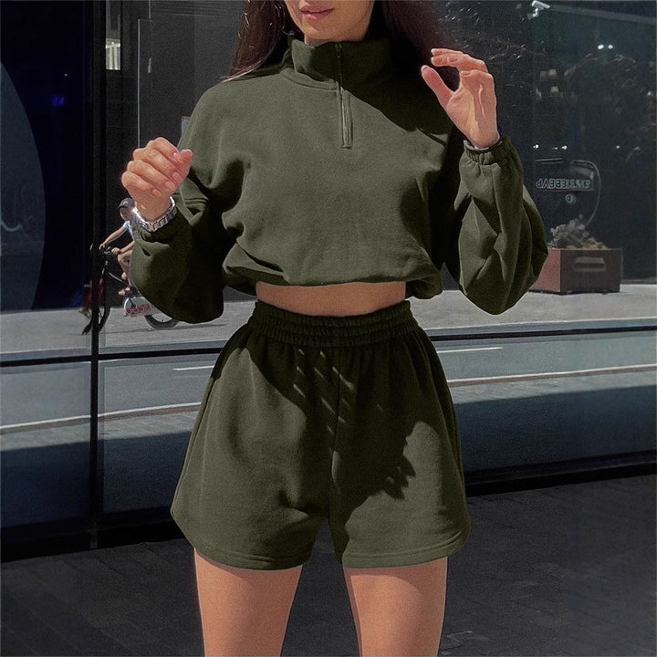 Kvinders sporty cropped top og shorts sæt med lynlås og elastisk talje