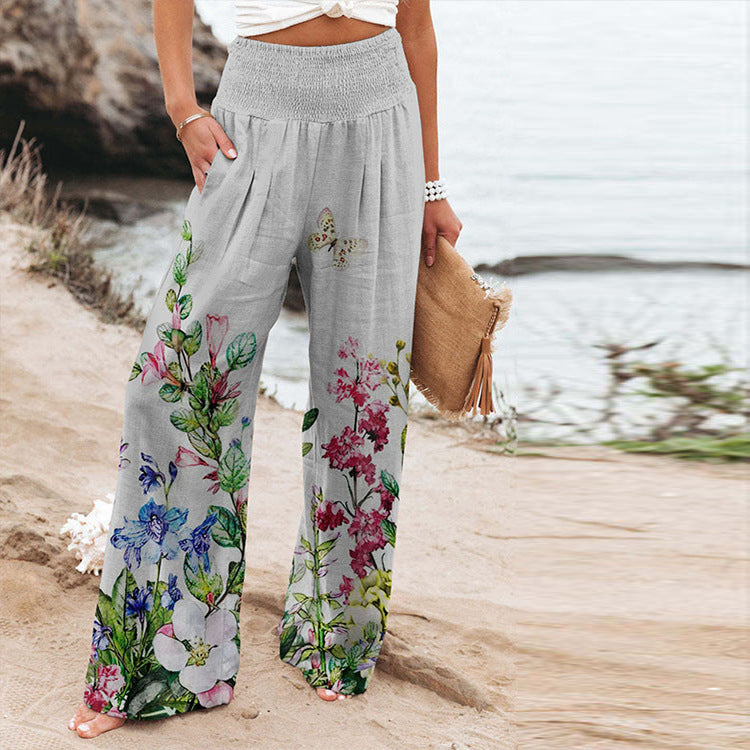 Dame Loose Buks med blomstret print og elastisk liv Stilla