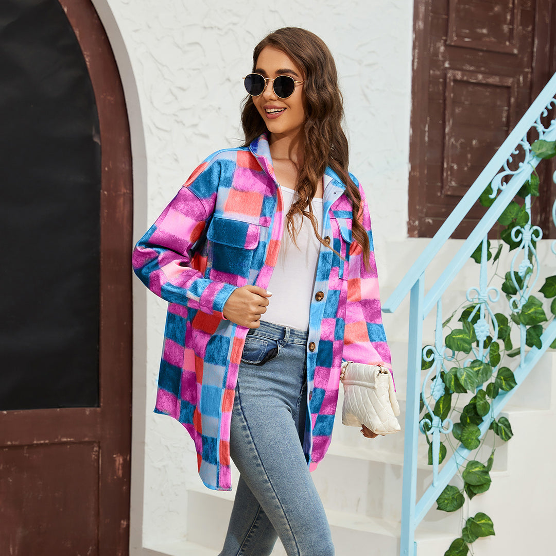 Dame Tjekket Flannel Jakke med Praktiske Lommer og Oversized Snit