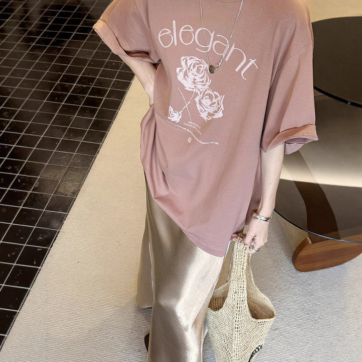 Dame afslappet T-shirt med elegant blomstermotiv Stilla
