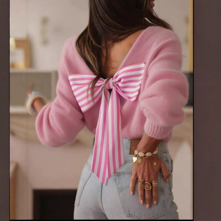 Damer elegant sweater med dekorativ sløjfe accent og V hals Stilla