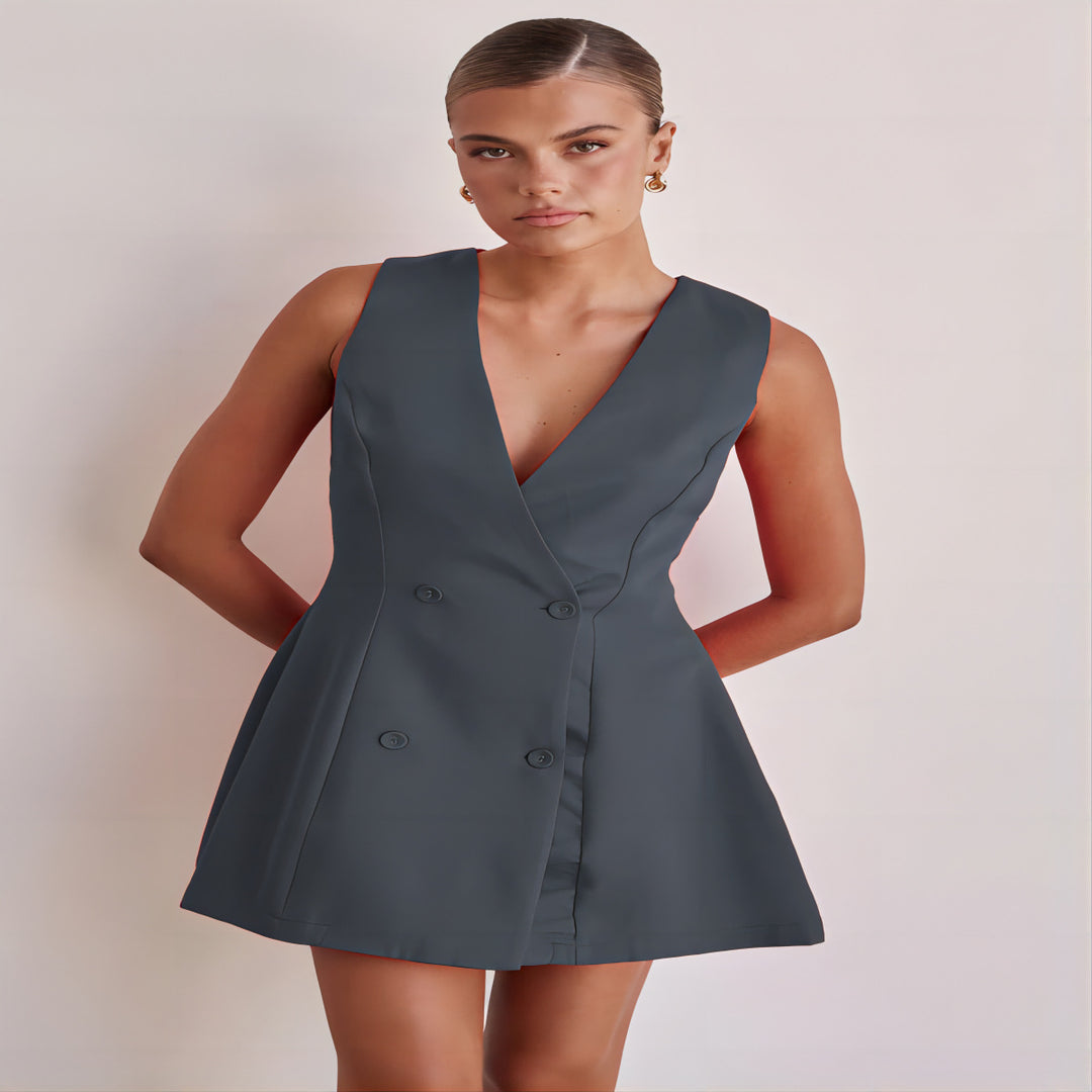 Women's reversible dress with deep V-neckline and double button placket Skovae