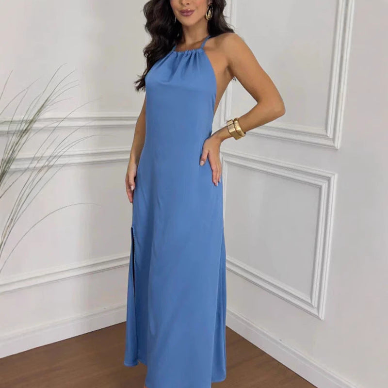 Dame maxikjole med elegant halterneck og svajende kant Stilla