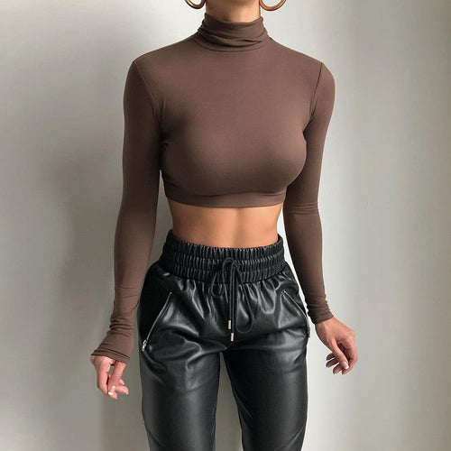 Damer Høj kvalitets langærmet Crop-Top med høj hals Skovae