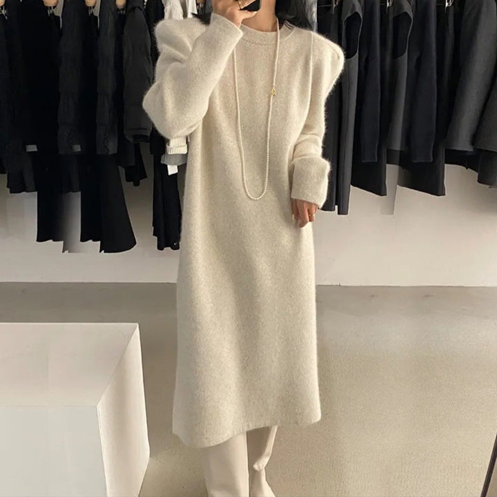Femme Elegante Lange Oversized Strikkjole med Puffærmer Stilla