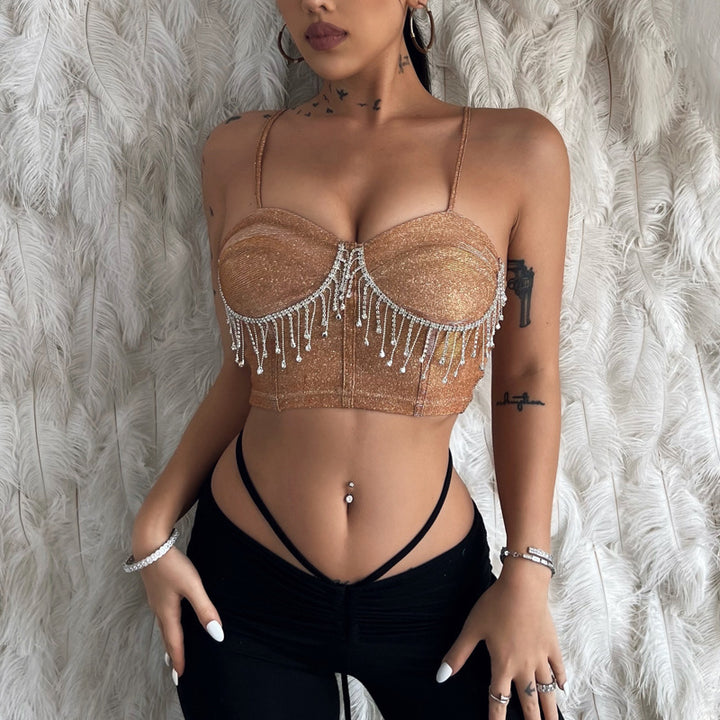 Damer Glitrende Bustier med Funklende Rhinestone Detaljer og Spaghetti Stropper