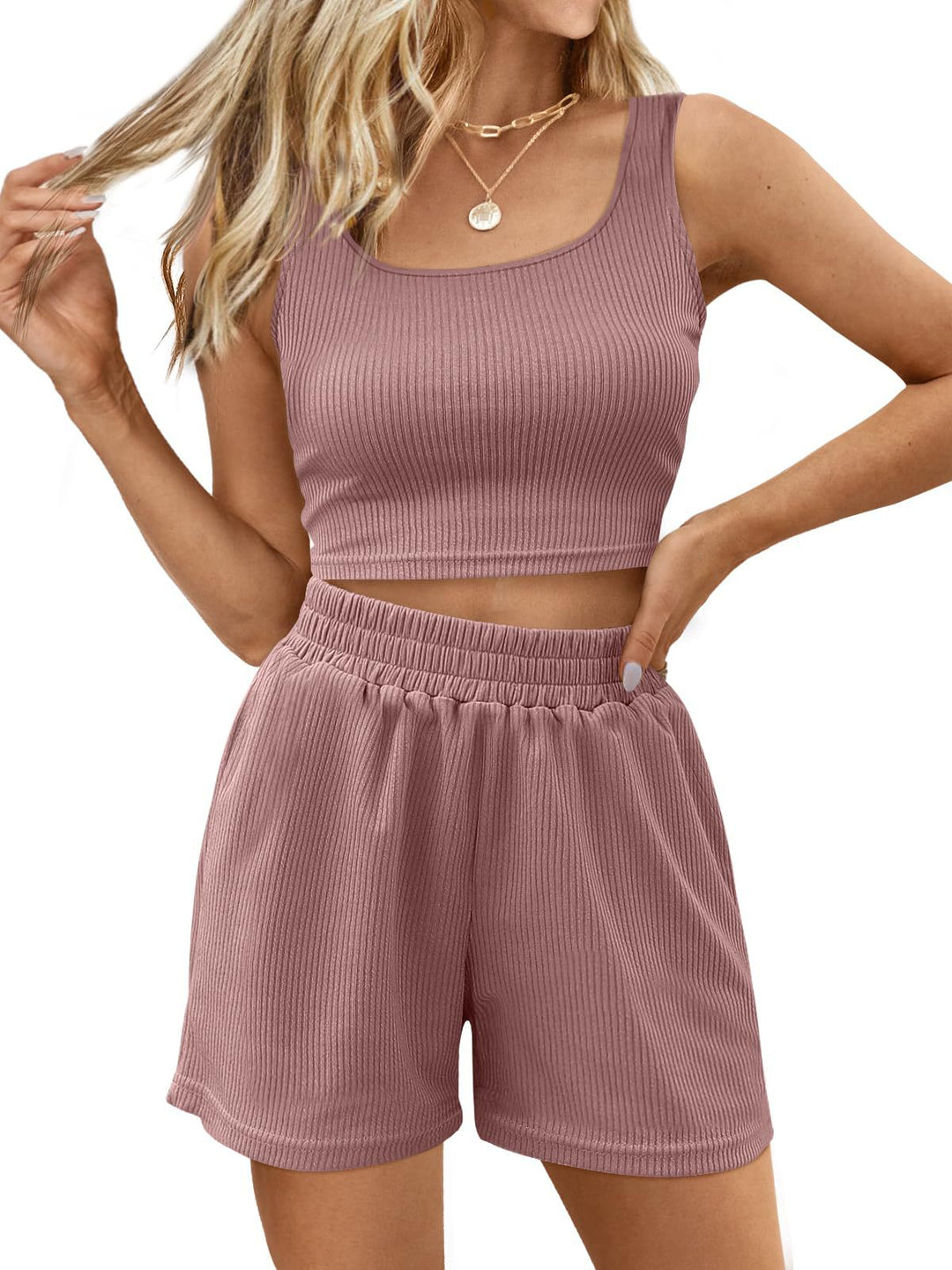 Dame Rib Crop Top og Shorts Sæt Stilla