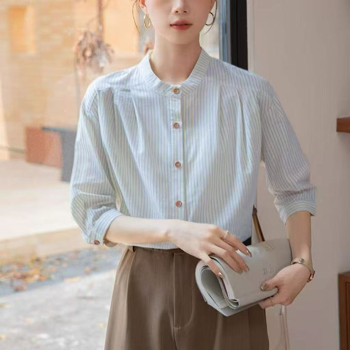 Damer Elegant Stribet Bluse med Traditionel Ståkrave Stilla