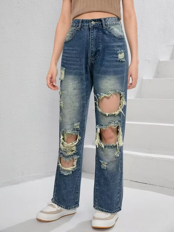 Dame afslappede Destroyed Jeans med bred ben og trendy revnedetaljer Skovae