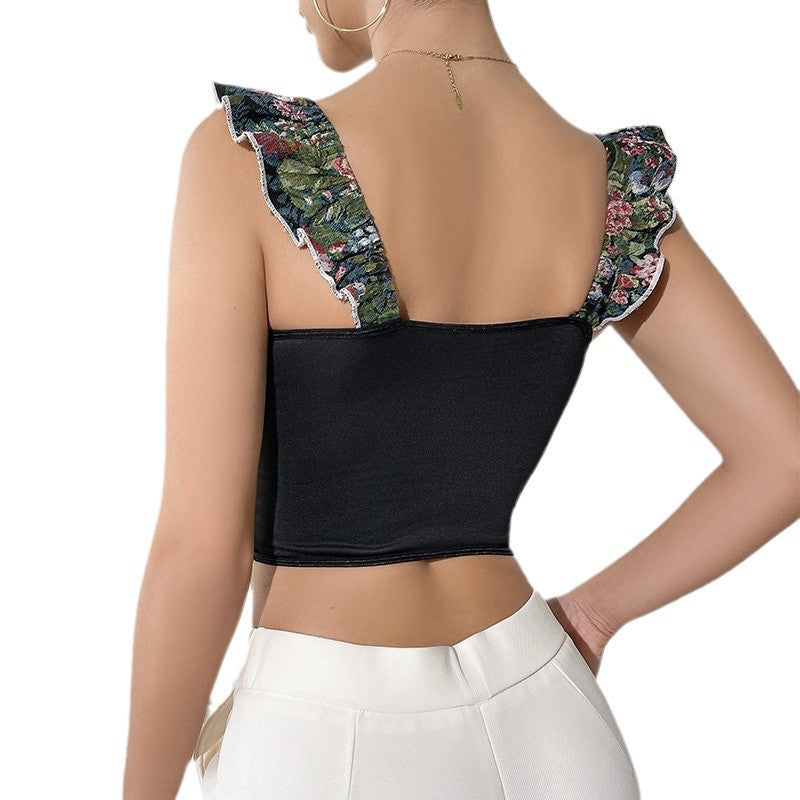 Dame Floral-Cropped Top med Rynkede Ærmer og Figursyet Snit Stilla