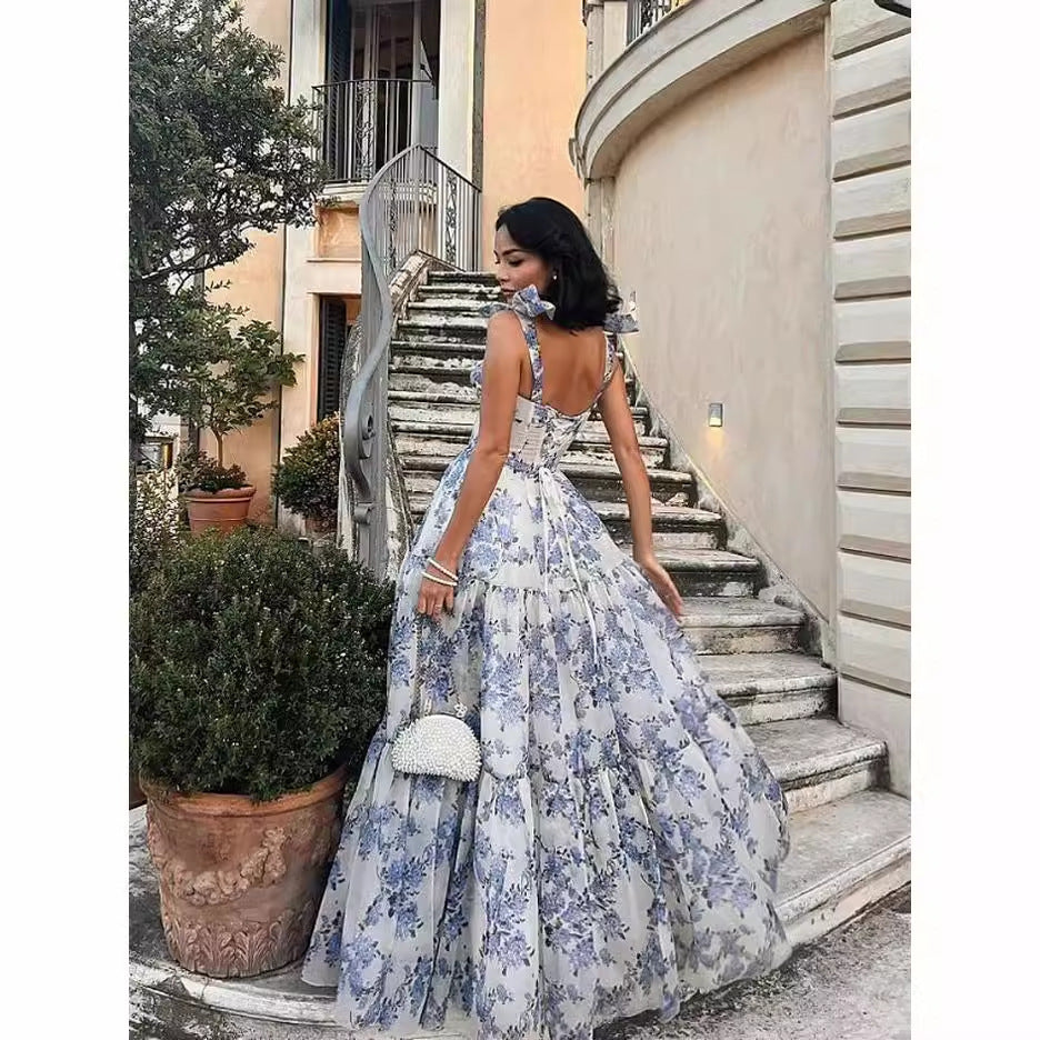 Damer Elegant Maxi Kjole med Blomster Chiffon og Flared Nederdel Skovae