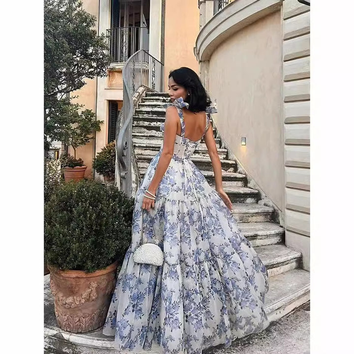 Damer Elegant Maxi Kjole med Blomster Chiffon og Flared Nederdel Skovae