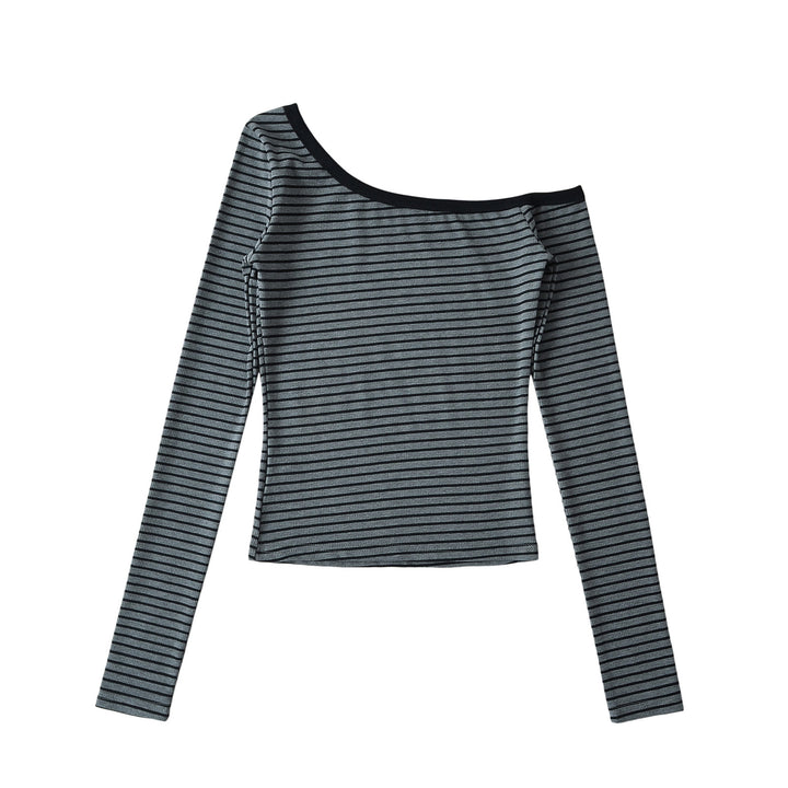 Dame asymmetrisk langærmet skjorte med maritimt stribemønster og off-shoulder design Stilla