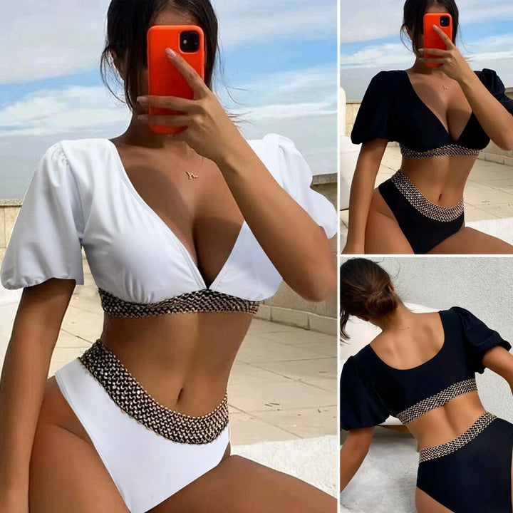 Dame bikini-sæt med voluminøse puffærmer og elegant bånd Stilla