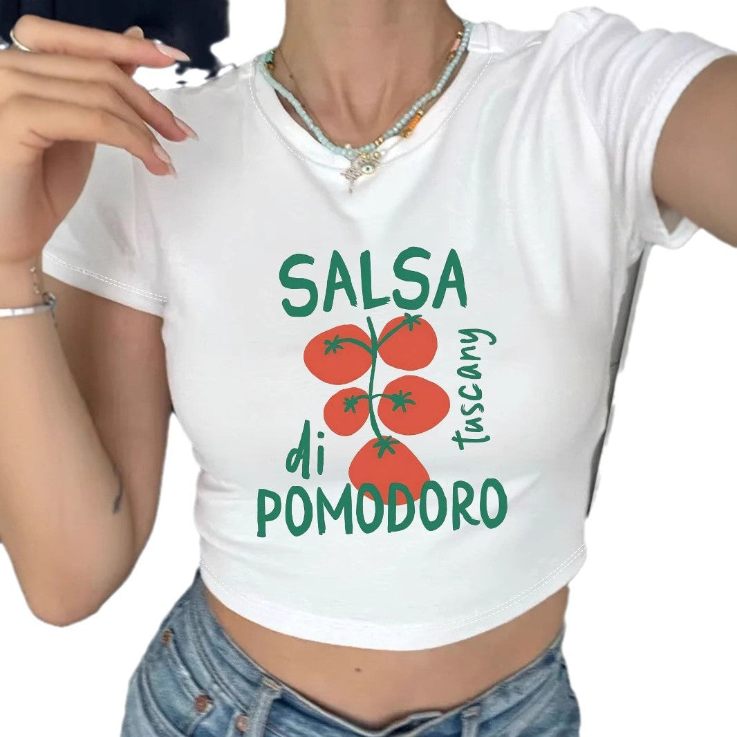 Dame Crop-Top med kreativ tomatmønster og sjov tekst Skovae
