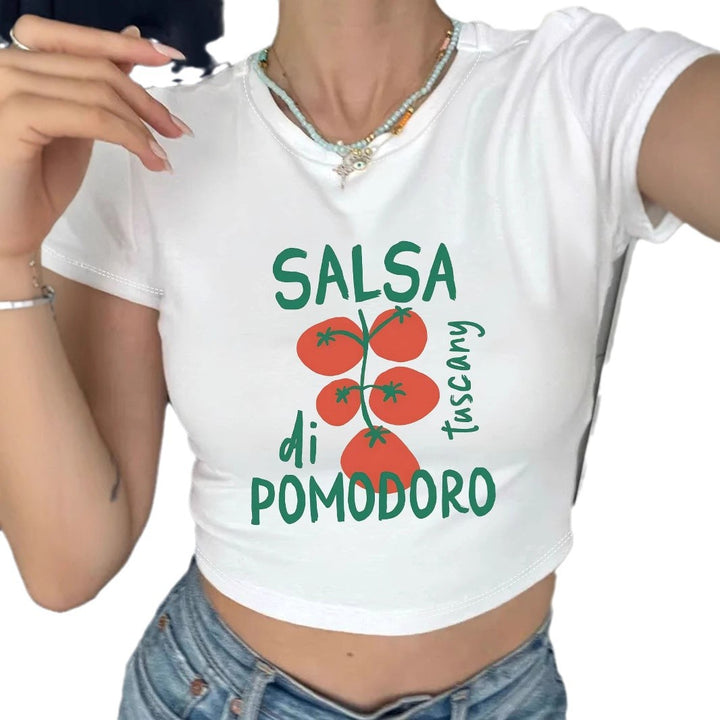 Dame Crop-Top med kreativ tomatmønster og sjov tekst Skovae