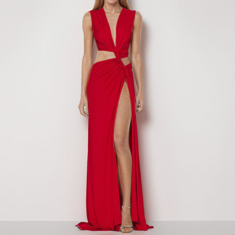Dame Elegant Cut-Out Maxikjole med raffinerede draperinger og høj slids Skovae