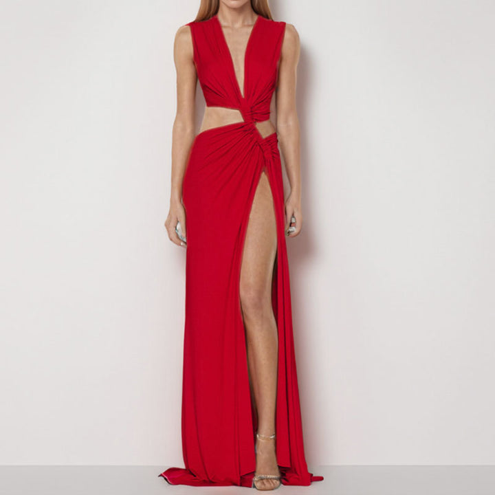 Dame Elegant Cut-Out Maxikjole med raffinerede draperinger og høj slids Skovae