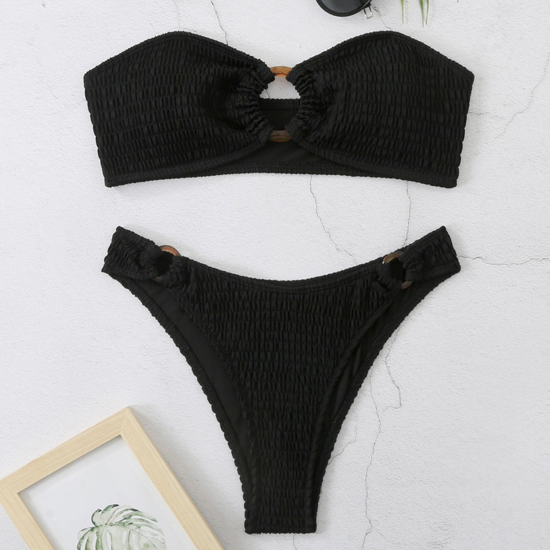 Dame Smocked Bandeau-Bikini-Sæt med dekorativt Ringdetalje Stilla