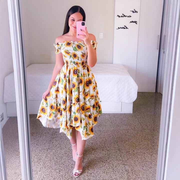 Dame Midikjole med off-shoulder skæring og blomsterdesign Stilla