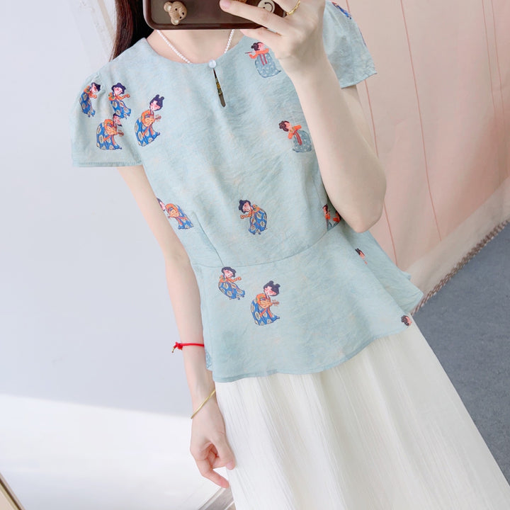 Dame Fashion Bluse med Puffærmer og farverigttryk Stilla