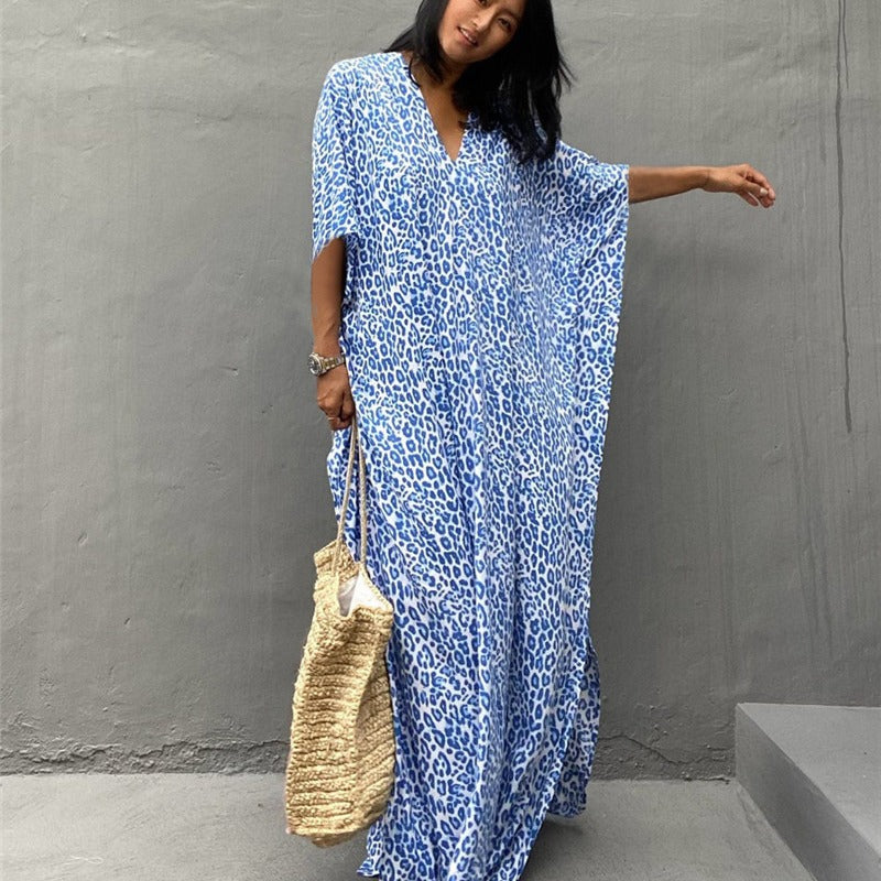 Dame moderigtig kaftan med dyremotiv og fleksibelt bindebånd Stilla