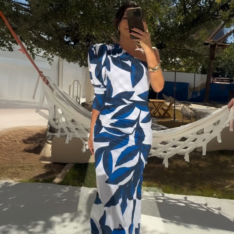 Dame elegant asymmetrisk Maxi-kjole med blomstermotiv og puffærmer Stilla