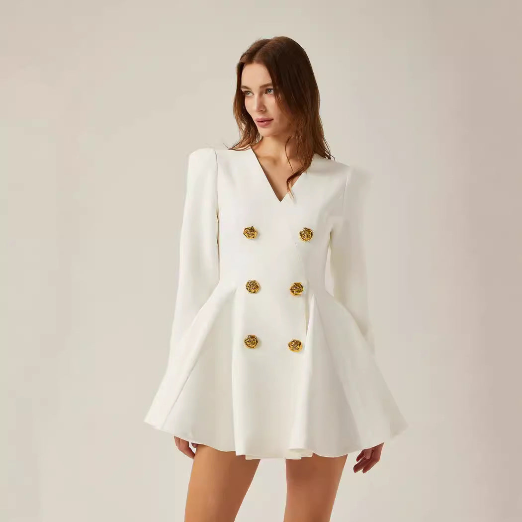 Dame elegant blazer-kjole med dobbelt knaplukning og svingende skørt Stilla