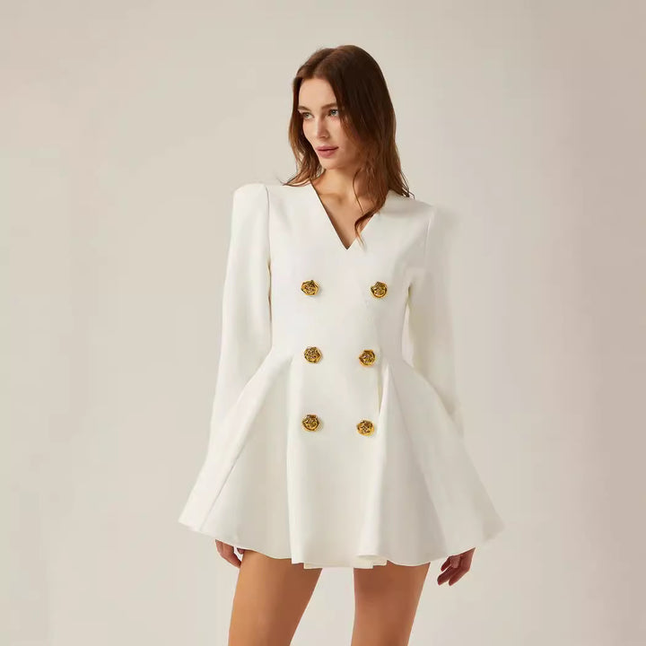 Dame elegant blazer-kjole med dobbelt knaplukning og svingende skørt Stilla