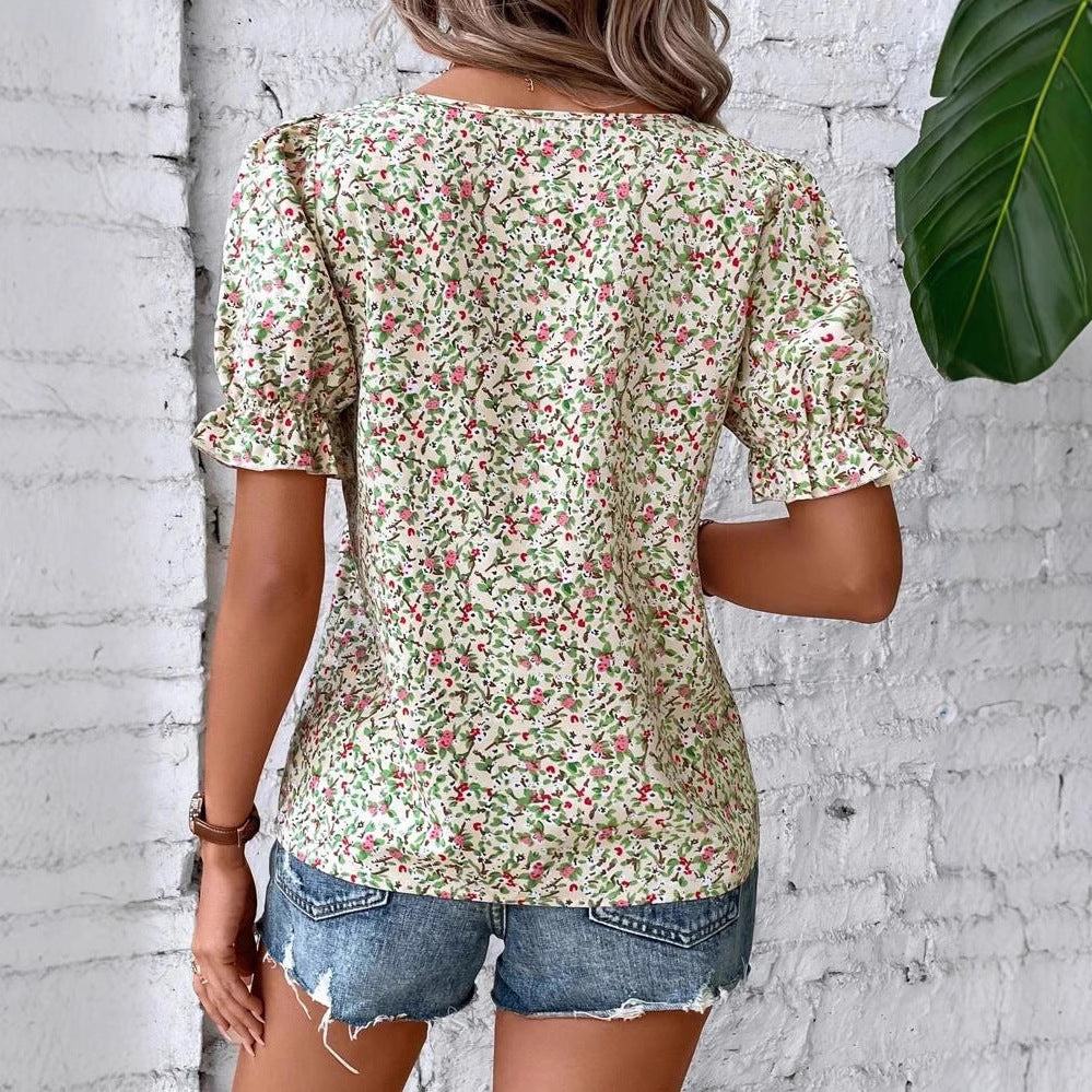 Dame bluse skjorte med romantiske puffærmer og blomster mønster Stilla