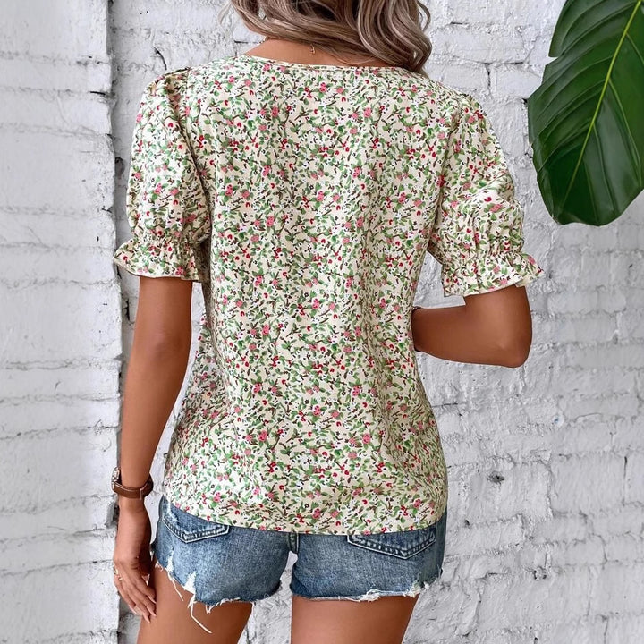 Dame bluse skjorte med romantiske puffærmer og blomster mønster Stilla