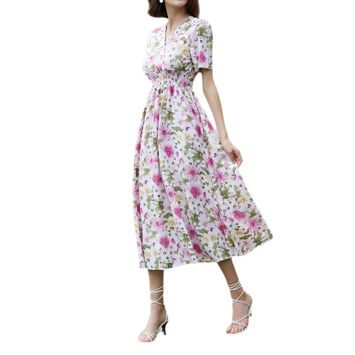 Dame maxikjole med elastisk talje og floral design Stilla
