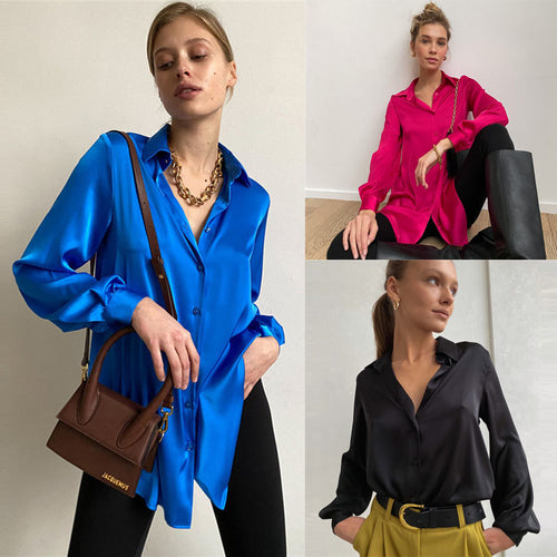 Dame Elegant Silke Bluse med Knappet Placket Stilla