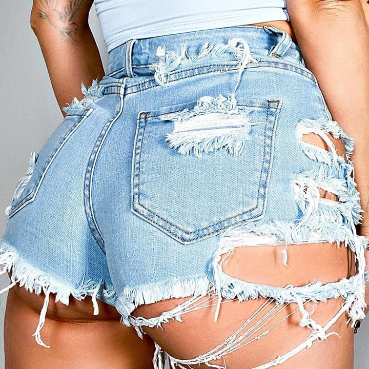 Dame modische Destroyed Denim-shorts med frynset kanter og høje lommer Stilla