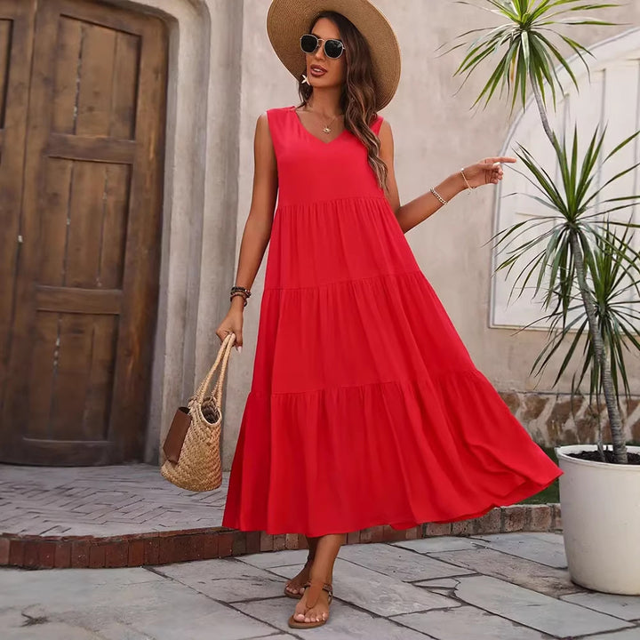 Dame Elegant sommer maxi kjole med voluminøs skørt og V-udskæring Skovae