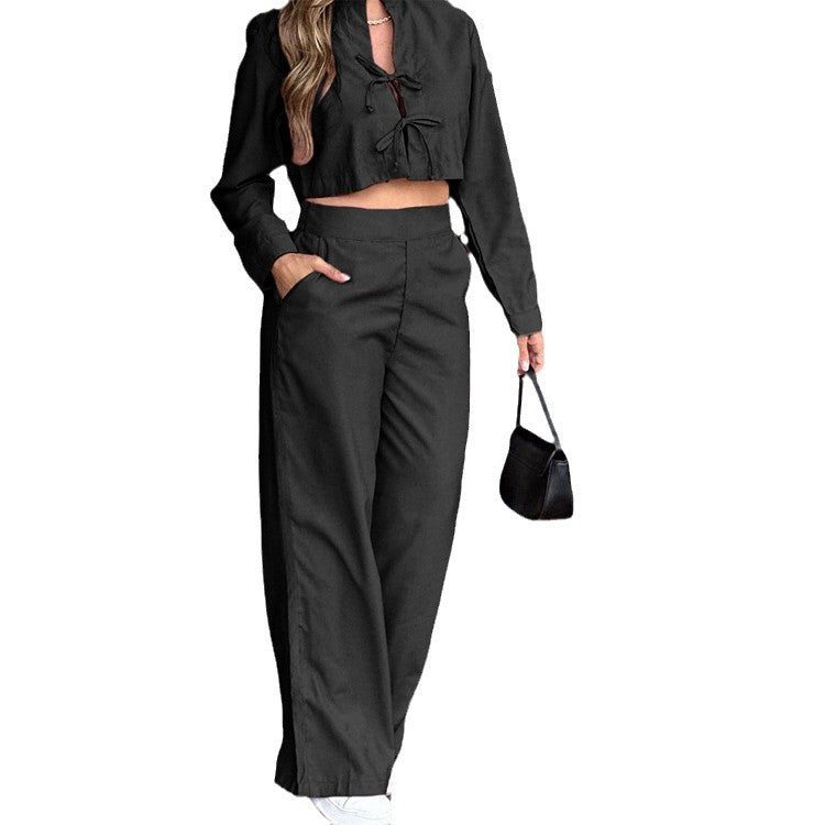 Dame Cropped Bluse med høj talje og bredt skårne bukser Stilla