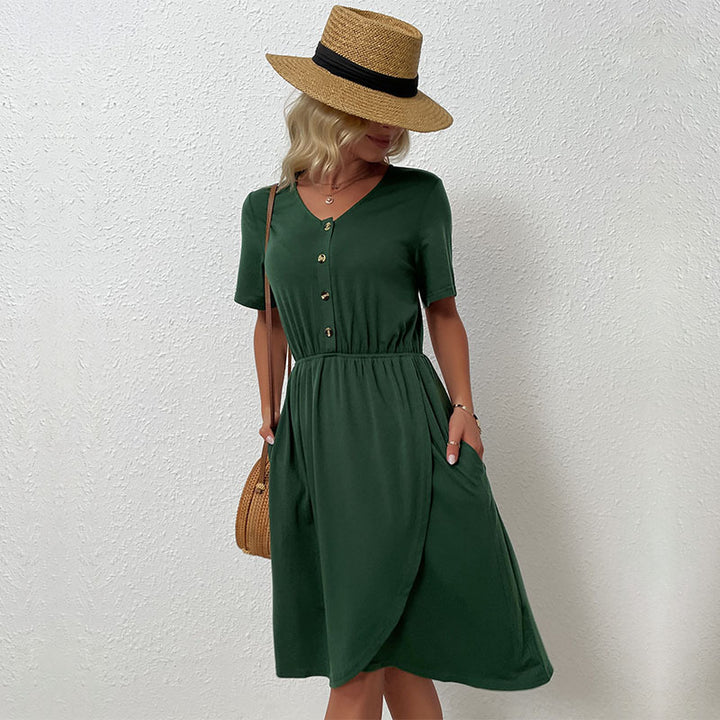 Dame Button-Up Vikkel-Midi-Kjole med Rynkedetalje Stilla