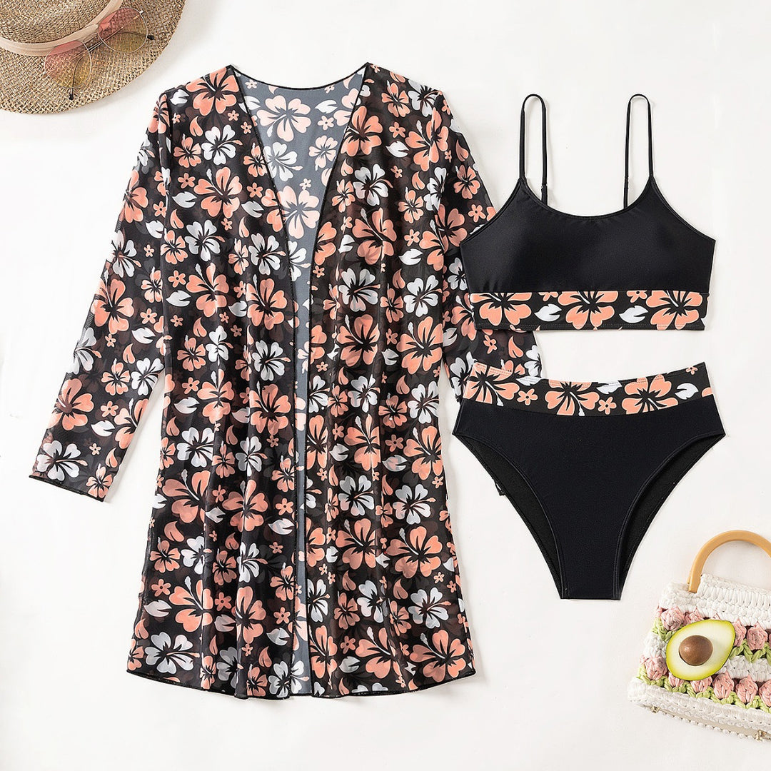 Dame Sommer Sæt med floral Kimono, sporty Bikini-top og Shorts Stilla