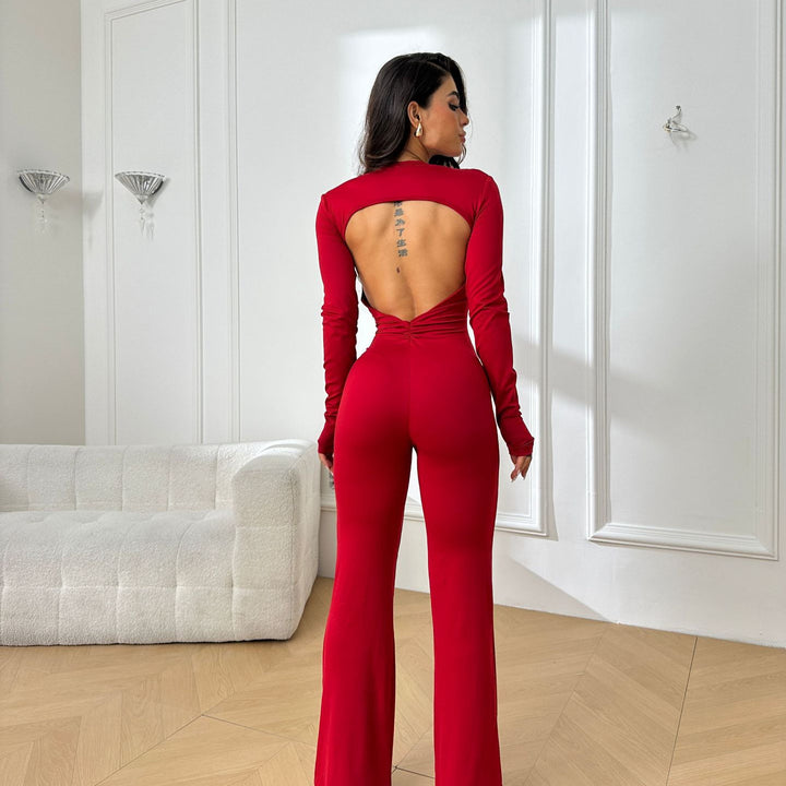 Dame trendy jumpsuit med åben ryg og let stof Skovae