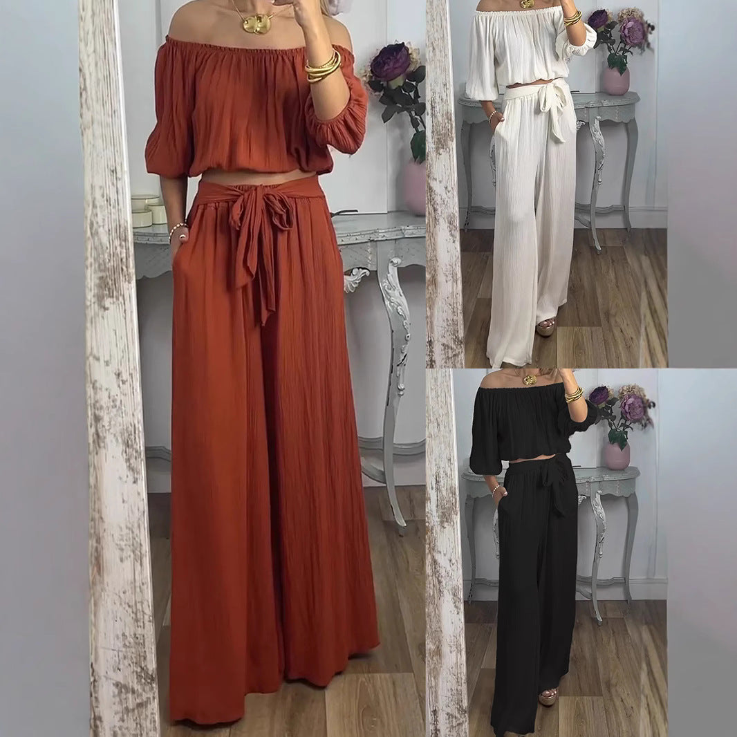 Dame Elegant To-delt Sæt med bred bukse stil og off-shoulder top Stilla