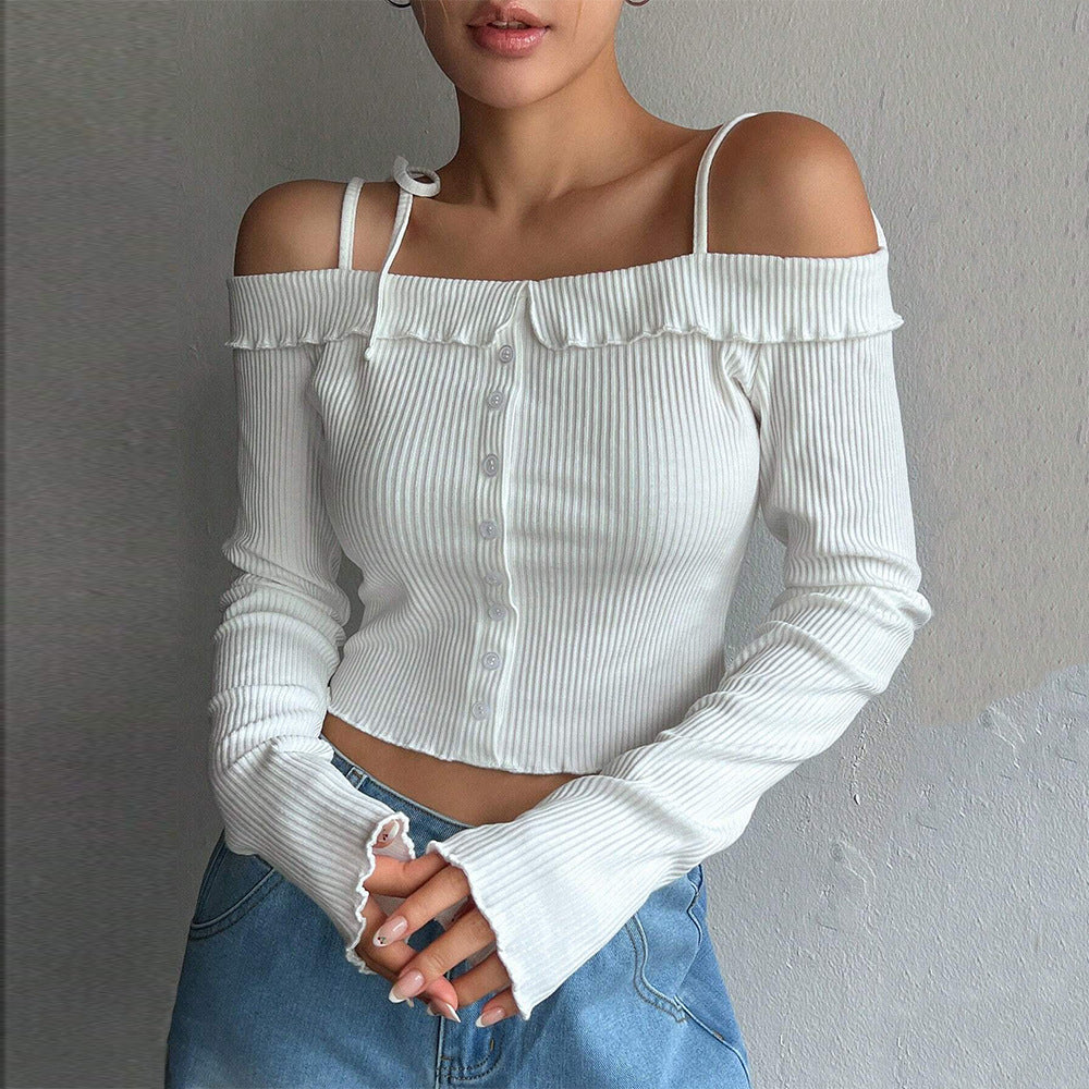 Kvinder cropped top med off-shoulder design og flæse detaljer Stilla