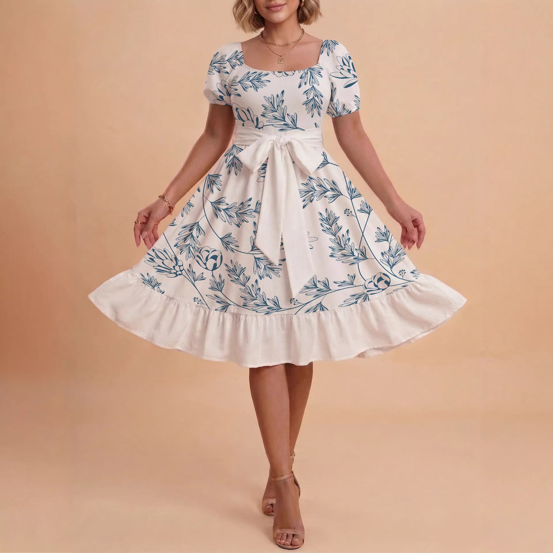 Dame Midi Kjole med elegant blomsterprint og figursyet bælte Skovae