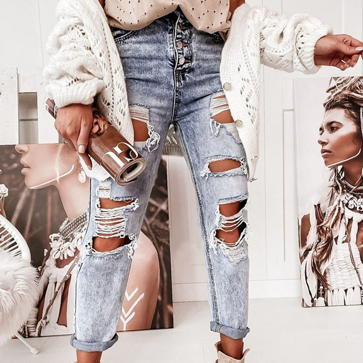 Dame ødelagte jeans i en behagelig boyfriend-fit med høj talje og Skovae-detaljer