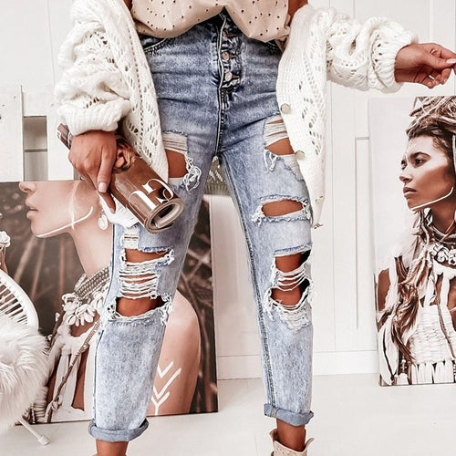 Dame ødelagte jeans i en behagelig boyfriend-fit med høj talje og Skovae-detaljer