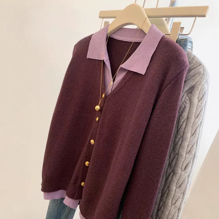 Kvinders fashionable cardigan med elegant krave og store knapper Stilla