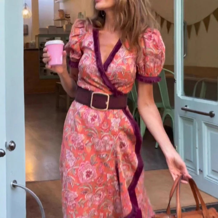 Dame Floral Print Maxi Wrap Kjole med Puffærmer Stilla