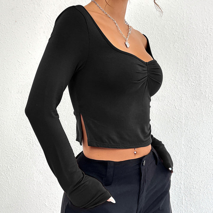 Kvindernes elegante langærmede crop top med stilfuld gathering effekt Stilla