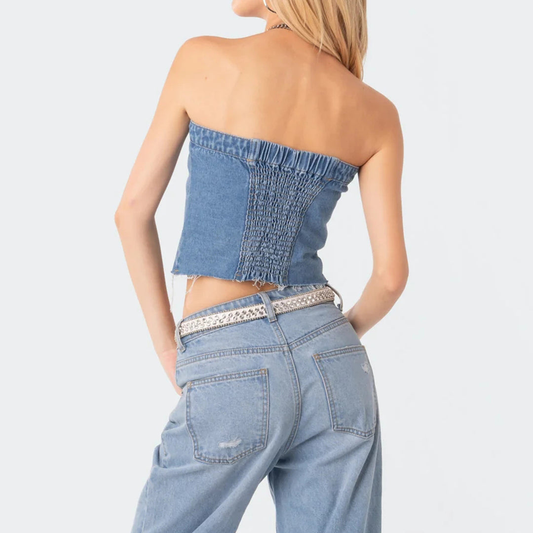 Dame Denim-Crop-Top med strikket overtræk Skovae
