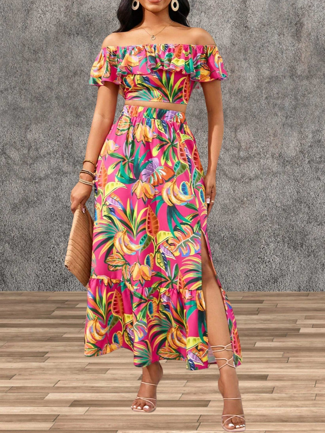 Dame Off-Shoulder Maxikjole med farverigt palmeprint Stilla