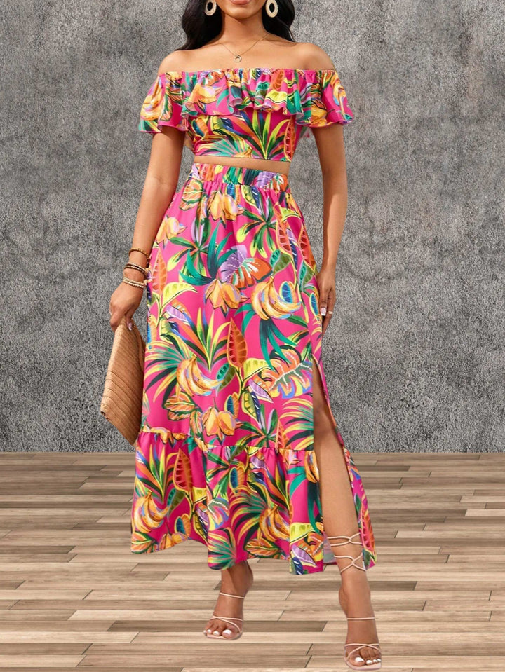 Dame Off-Shoulder Maxikjole med farverigt palmeprint Stilla